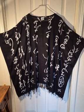 Bridge To Bali Black Script Print Fringe Poncho